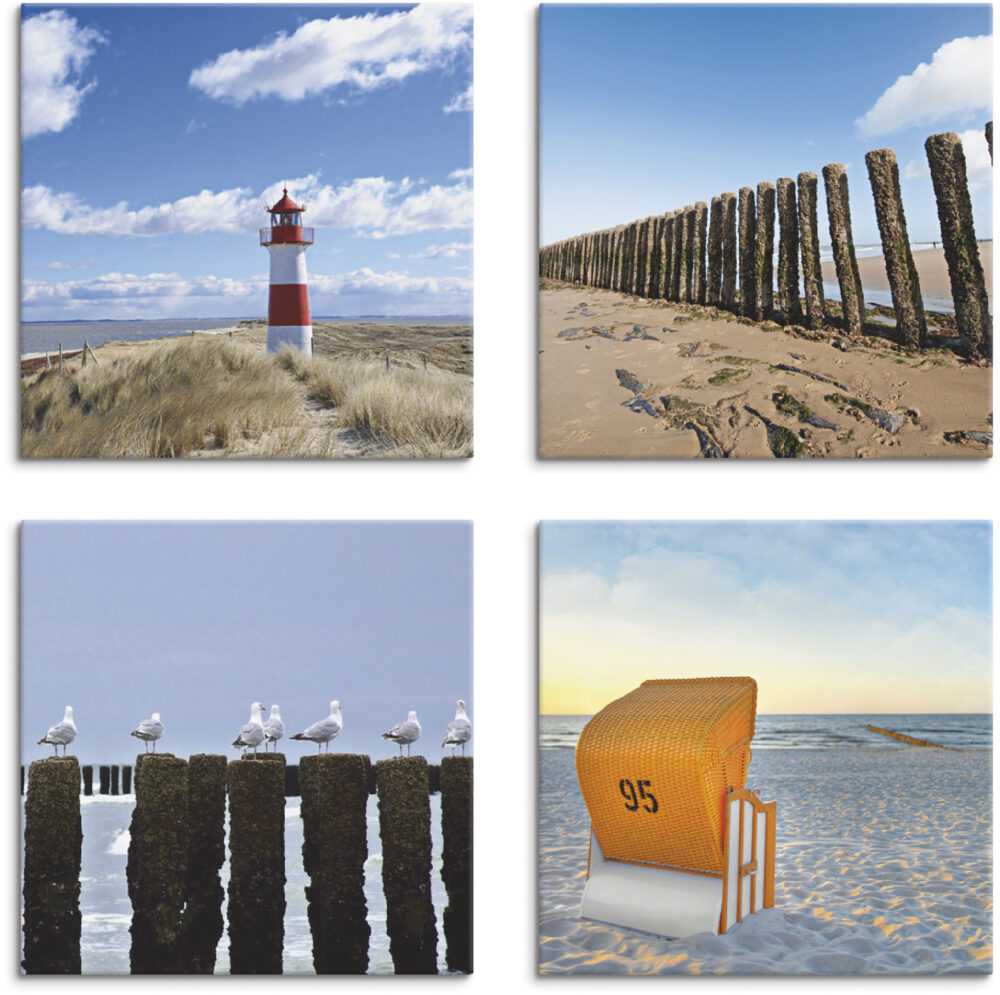 Artland Leinwandbild "Leuchtturm Sylt Strand Möven Strandkorb", Strand, (4 St.), 4er Set, verschiedene Grössen