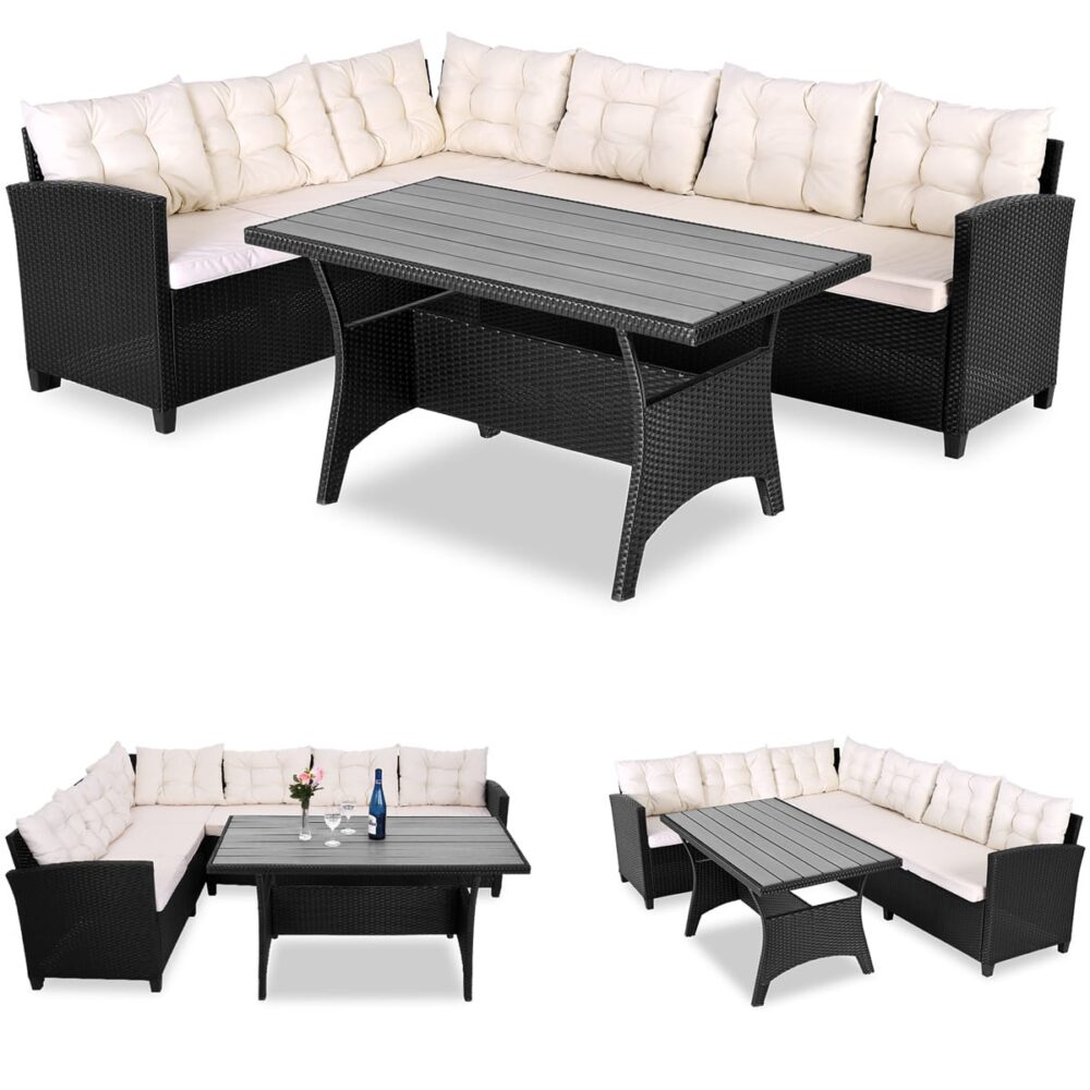 Polyrattan Lounge-Set Schwarz/Creme WPC Tischplatte