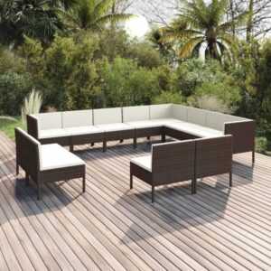 12-tlg. Garten-Lounge-Set,Gartenmöbel-Set mit Auflagen Poly Rattan Braun vidaXL