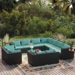 12-tlg. Garten-Lounge-Set,Gartenmöbel-Set mit Kissen Schwarz Poly Rattan vidaXL