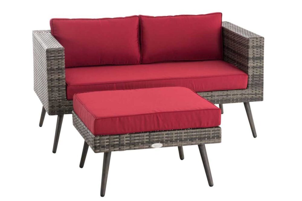 2er Sofa Molde mit Fußhocker Flachrattan grau-meliert 40 cm (Dunkelgrau) rubinrot