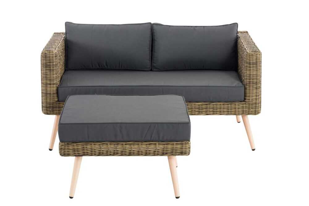 2er Sofa Molde mit Fußhocker Rundrattan natura 45 cm (Hellbraun) eisengrau