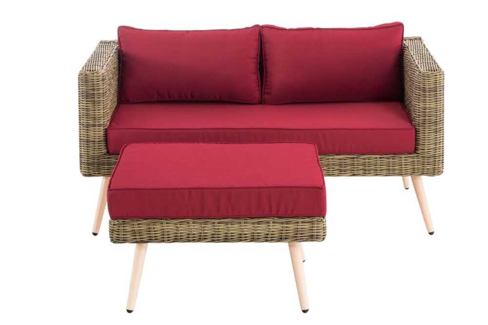 2er Sofa Molde mit Fußhocker Rundrattan natura 45 cm (Hellbraun) rubinrot