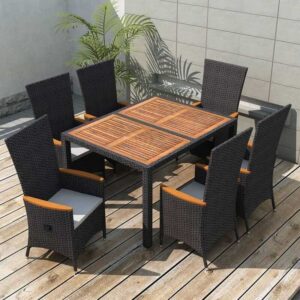 7-tlg. Garten-Essgruppe Gartenmöbel Set Sitzgruppe Poly Rattan Akazienholz Schwarz DE92790 - Schwarz