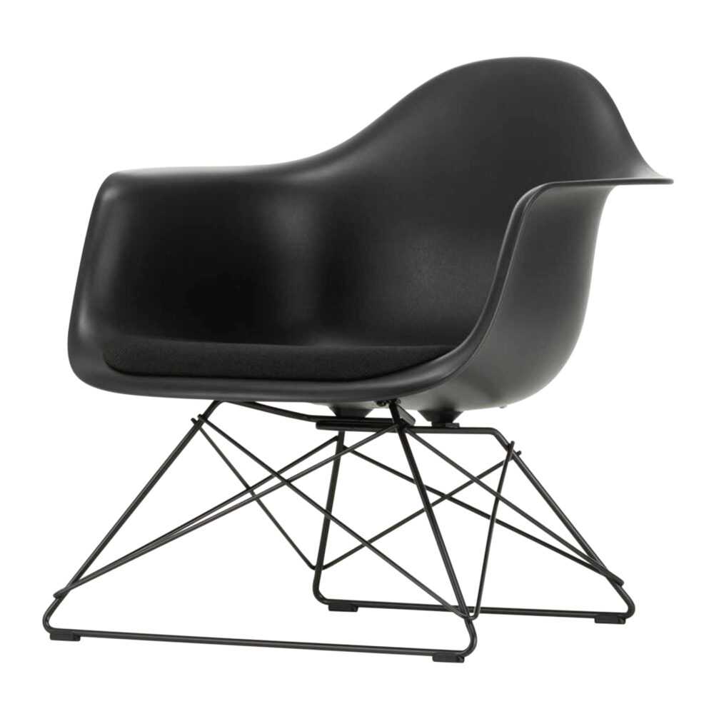 Eames Plastic Lounge Armchair RE LAR Sitzpolster Sessel, Sitzschale RE tiefschwarz re, Stoff Hopsak F60 meerblau/elfenbein, Drahtuntergestell basic...