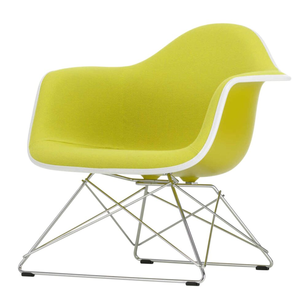 Eames Plastic Lounge Armchair RE LAR Vollpolster Sessel, Sitzschale RE citron re, Stoff Hopsak F60 gelb/elfenbein, Keder weiss, Drahtuntergestell w...