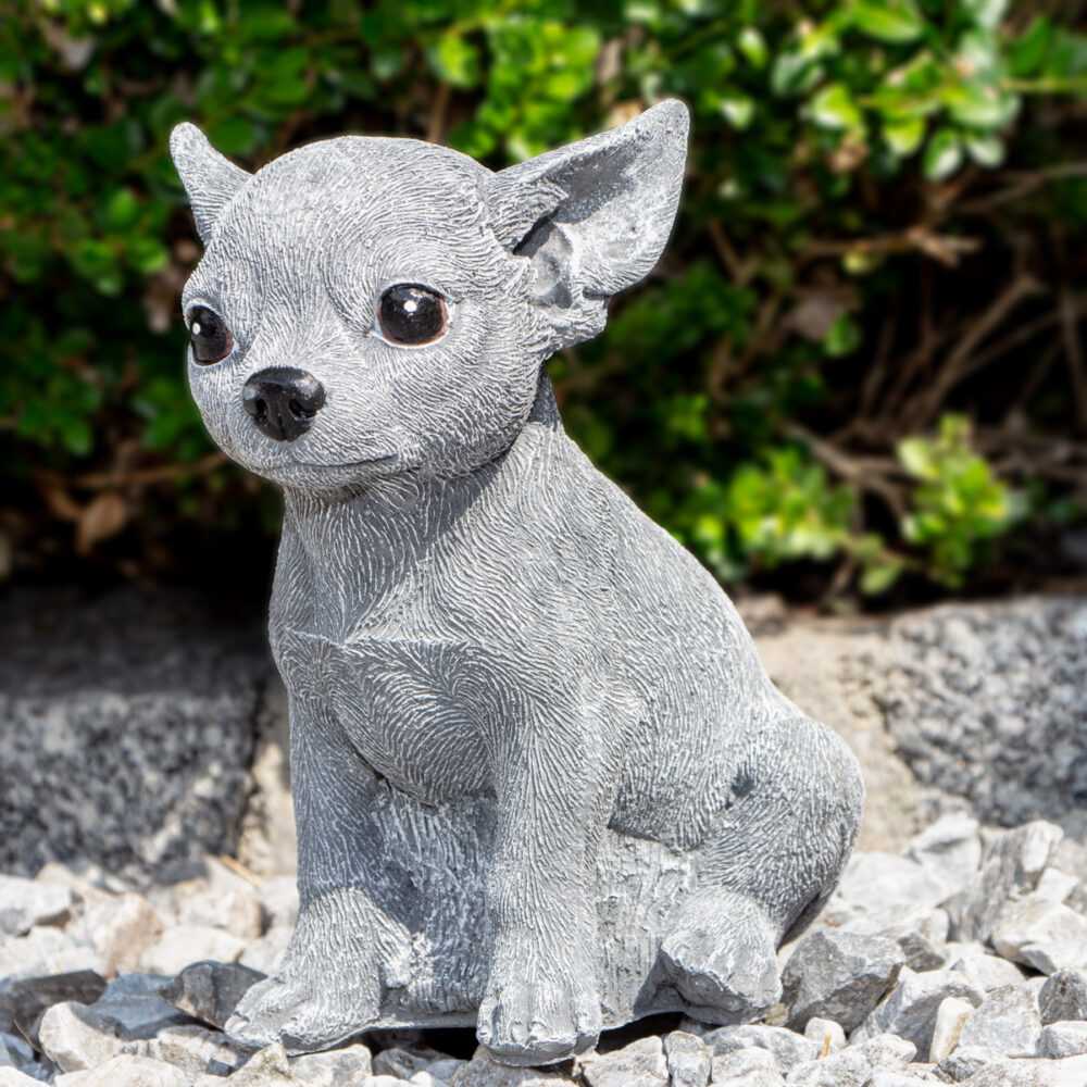 Hundewelpe, Skulptur, klein, Chihuahua | Stein, Grau | H 17,5 x B 11,0 cm