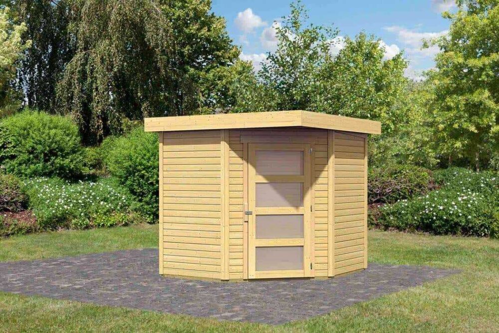 Karibu Woodfeeling Gartenhaus Schwandorf (optional mit Anbaudach) Karibu Farbbehandlung:Farbbehandlung Terragrau + Elfenbein-Leisten|Größe:B 213 x T 217 cm|Anbau:Ohne Anbaudach