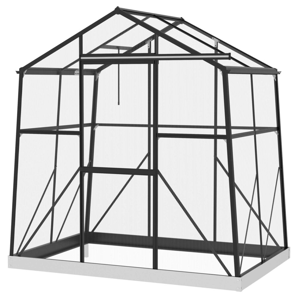 Outsunny Gewächshaus Aluminium 131 x 192 x 203 cm Treibhaus 2,51 m² Tomatenhaus mit Fenster, Schiebetür, Fundament, Aufzucht Pflanzenhaus für Garten, Balkon, Schwarz