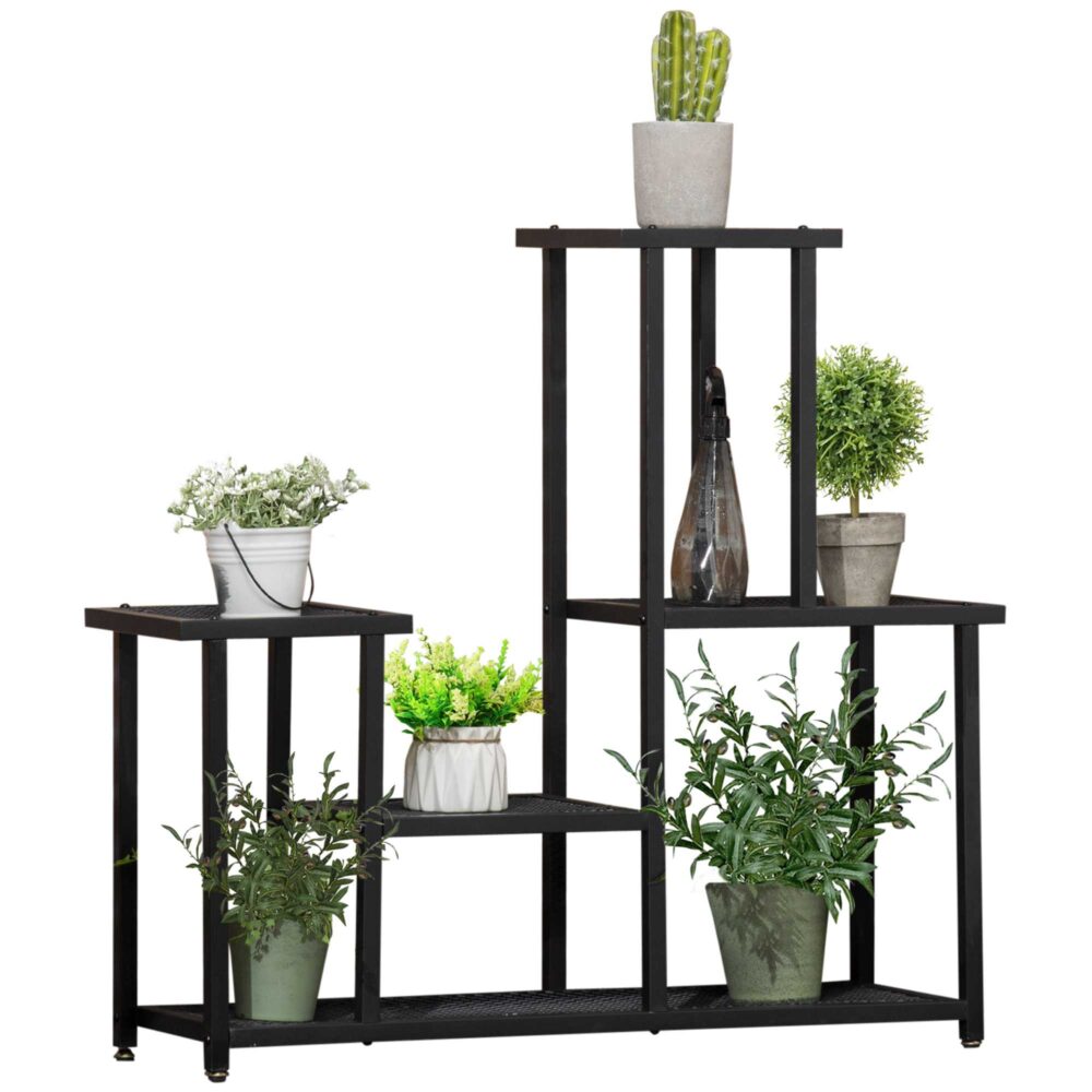 Outsunny Pflanzenregal, Pflanzentreppe mit 4 Stufen, mehrstöckiges Blumenregal, Pflanzenständer für Garten, Balkon, Metall, Schwarz, 91 x 25 x 83 cm