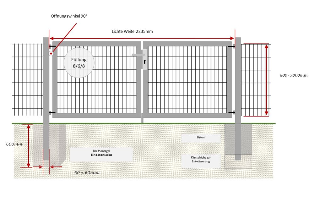 Gartentor Flex 8, 2-flg., Breite 2250 mm (1000/1250mm) 1000 mm RAL 7016 Anthrazitgrau Zum Einbetonieren