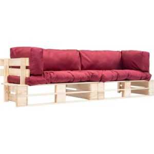 2-tlg. Garten-Palettensofa Gartensofa Loungesofa Sitzgruppe mit Roten Kissen Kiefernholz DE40058 - Rot