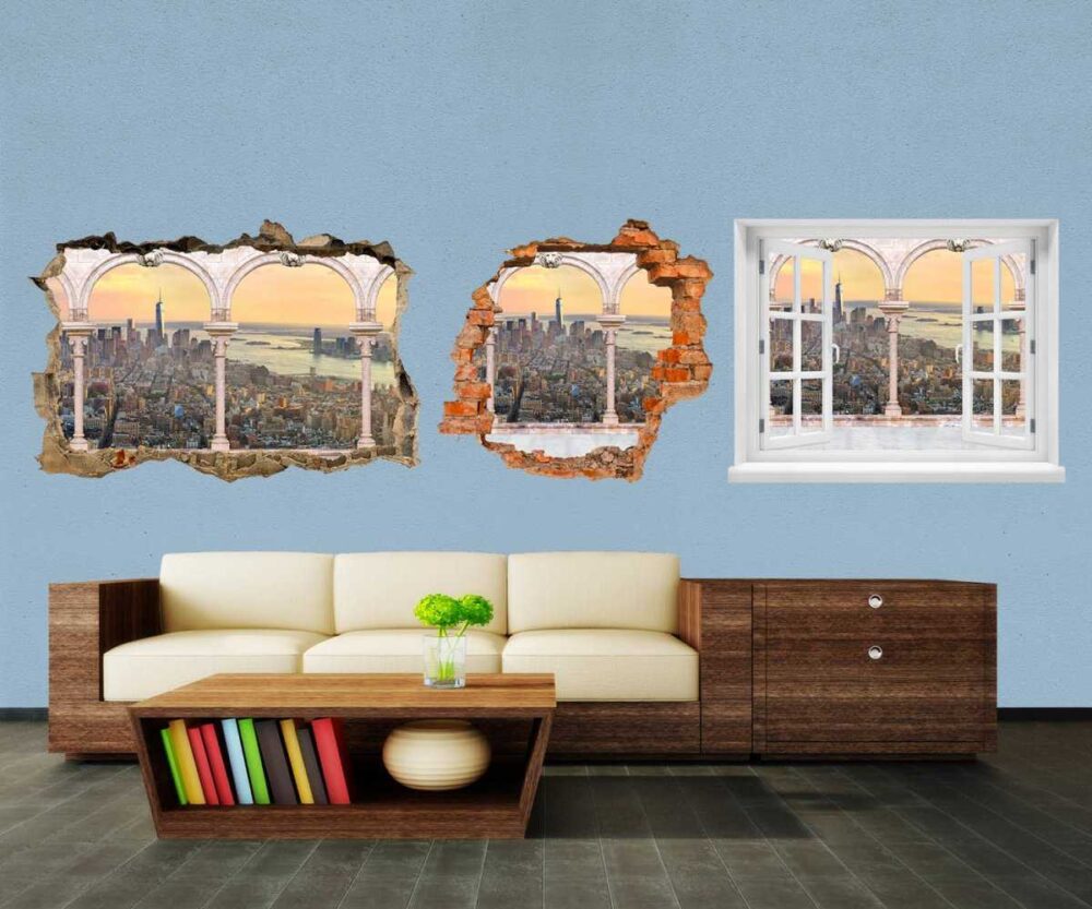 3D-Wandsticker Spalten balkon mit aussicht auf Manhattan - Wandtattoo M0575 - Design 03 - klein von wandmotiv24