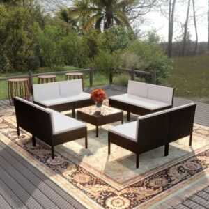 9-tlg. Garten-Lounge-Set,Gartenmöbel-Set mit Auflagen Poly Rattan Schwarz vidaXL