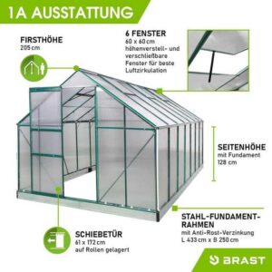 BRAST Gewächshaus ALU mit Fundament rostfrei 430x250x205cm TÜV geprüft, wetterfestes hochwertiges Aluminium