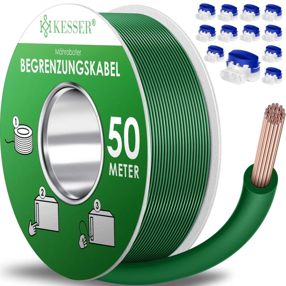 KESSER® Begrenzungskabel + Erdspieße + Kabelverbinder für Mähroboter Rasenmäher Rasenroboter Zubehör SET Begrenzungsdraht Universal kompatibel mit GARDENA/BOSCH/WORX/HONDA/ROBOMOW