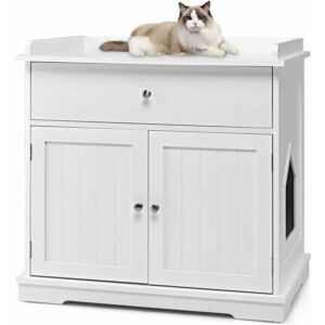 Katzenschrank mit Schublade & Tür & Eingang, 3-in-1 Katzenhaus Katzentoilette Beistelltisch, Schrank Katzenklo Katzenkommode, Katzenhoehle