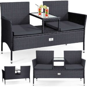 Kesser - Polyrattan Gartenbank 2-Sitzer Bank mit integriertem inkl. Tisch & Kissen - 133 × 55 × 84 cm - Rattan Sitzbank Garten Balkon Gartensofa