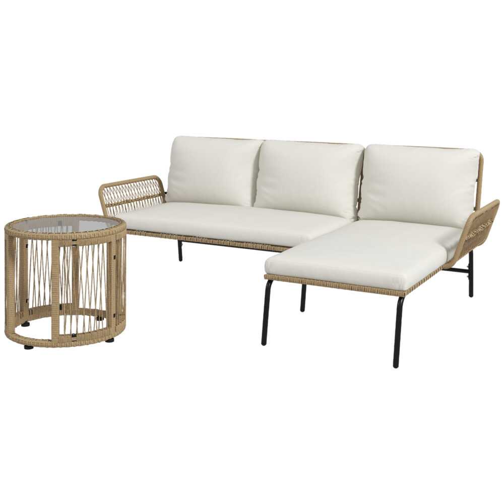 Outsunny 3-tlg. Rattan Gartenmöbel-Set, Gartengarnitur mit Liegestuhl, Couchtisch, Zweisitzer, Gartenset mit Sitzkissen, Balkonmöbel-Set für Garten, Terrasse, Creme