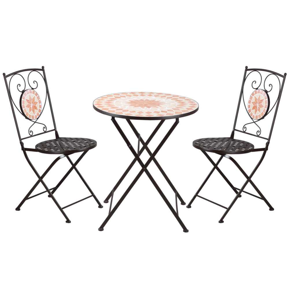 Outsunny 3tlg. Bistroset Gartenmöbel Set Balkon-Set mit 1 Couchtisch, 2 Klappbaren Stühlen, Sitzgruppe mit Mosaik-Muster, Metall, Kaffee