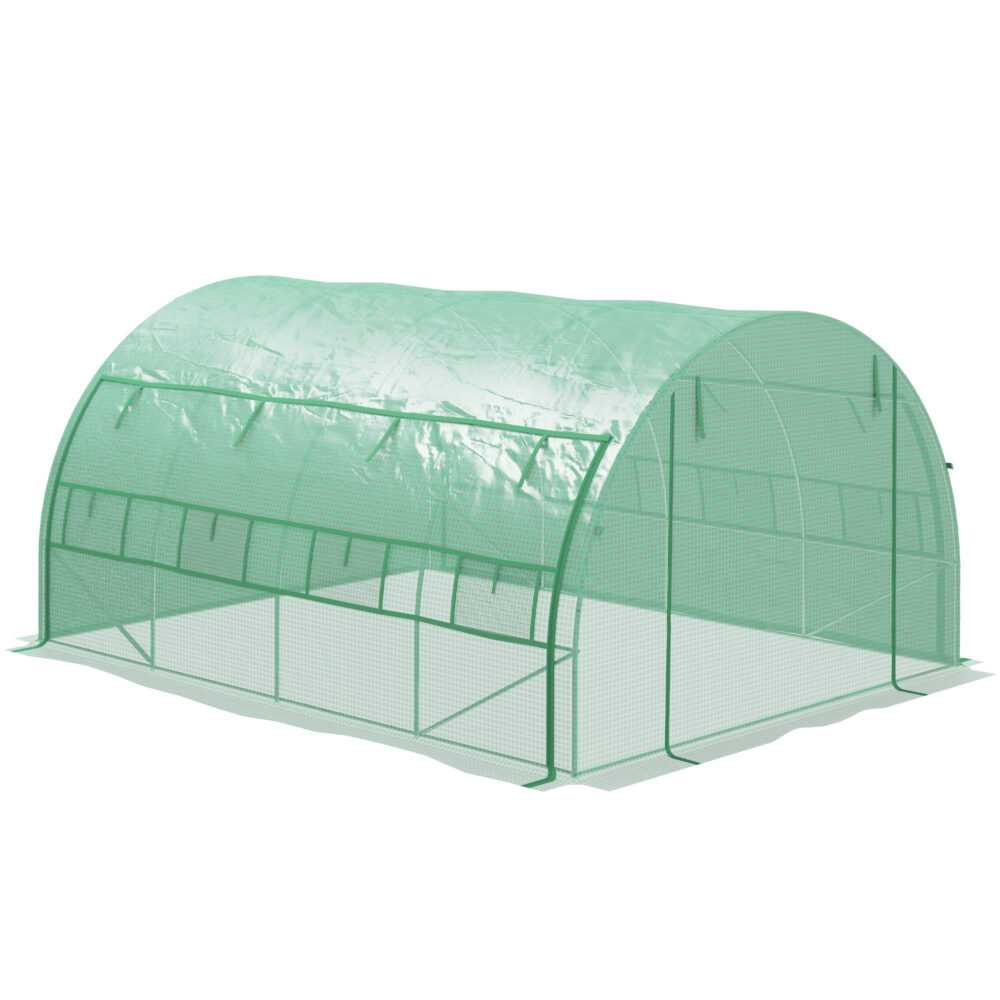 Outsunny Foliengewächshaus Polytunnel 3,97 x 3 x 2 m begehbares Gewächshaus mit aufrollbar Abdeckungen Folientunnel Treibhaus UV-Schutz Stahl Grün