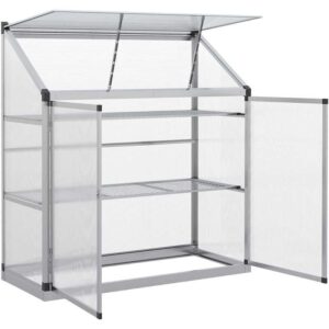 Outsunny - Gewächshaus mit Fundamentrahmen, Polycarbonat-Gehäuse, 2 Regalböden, Aluminiumrahmen, 131 x 58 x 139,5 cm - Silber