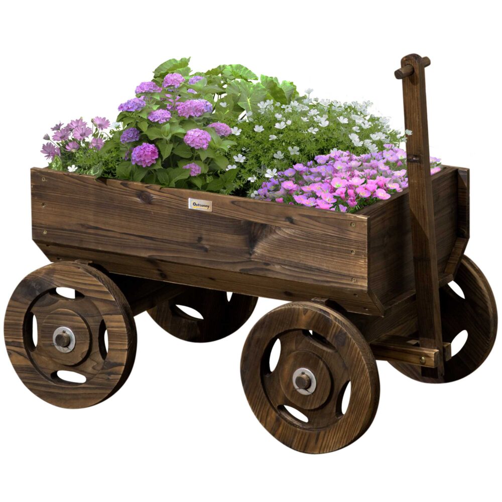 Outsunny Hochbeet im Holzwagen-Design, Blumenkasten Holz, Pflanzenwagen, Pflanzenständer für Garten, bis 50 kg belastbar, Verkohlt, 120 x 53 x 55 cm