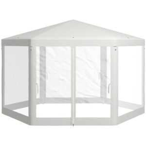 Outsunny Pavillon ca. 4 x 4 m Gartenpavillon mit Moskitonetz Partyzelt Gartenzelt Festzelt Zelt 6-eckig Polyester Metall Creme