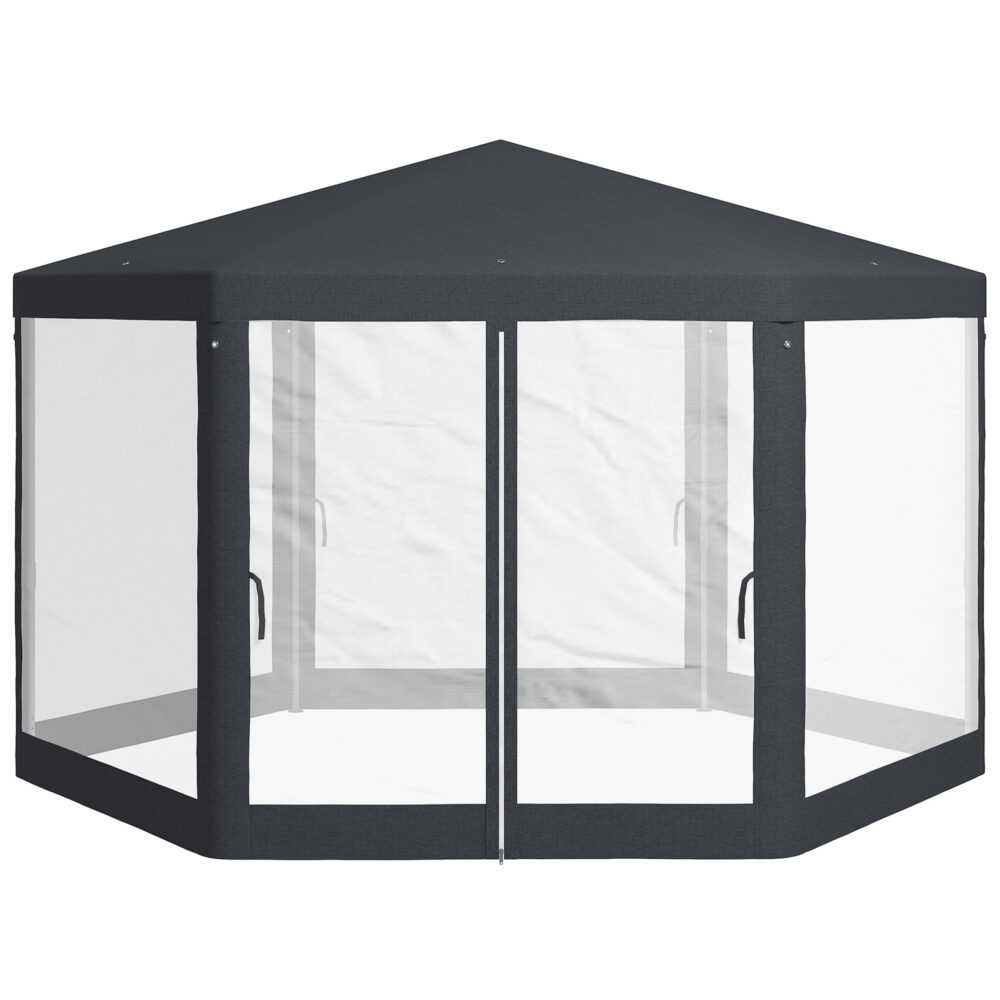 Outsunny Pavillon ca. 4 x 4 m Gartenpavillon mit Moskitonetz Partyzelt Gartenzelt Festzelt Zelt 6-eckig Polyester Metall Dunkelgrau