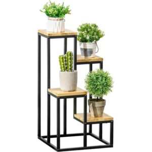 Outsunny Pflanzenständer im Industrie Design mit 4 Regalen, Blumentreppe, 34 cm x 34 cm x 66 cm, Natur + Schwarz - Schwarz+Natur