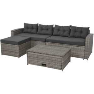 Poly-Rattan Garnitur HHG 080, Balkon-/Garten-/Lounge-Set Sitzgruppe Sofa, Staufach grau, Kissen dunkelgrau - grey