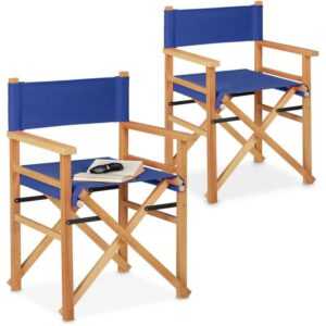 Regiestuhl 2er Set, Holz, Stoff, klappbarer Regiesessel, Balkon, Garten, Camping, Klappstuhl bis 100 kg, blau - Relaxdays