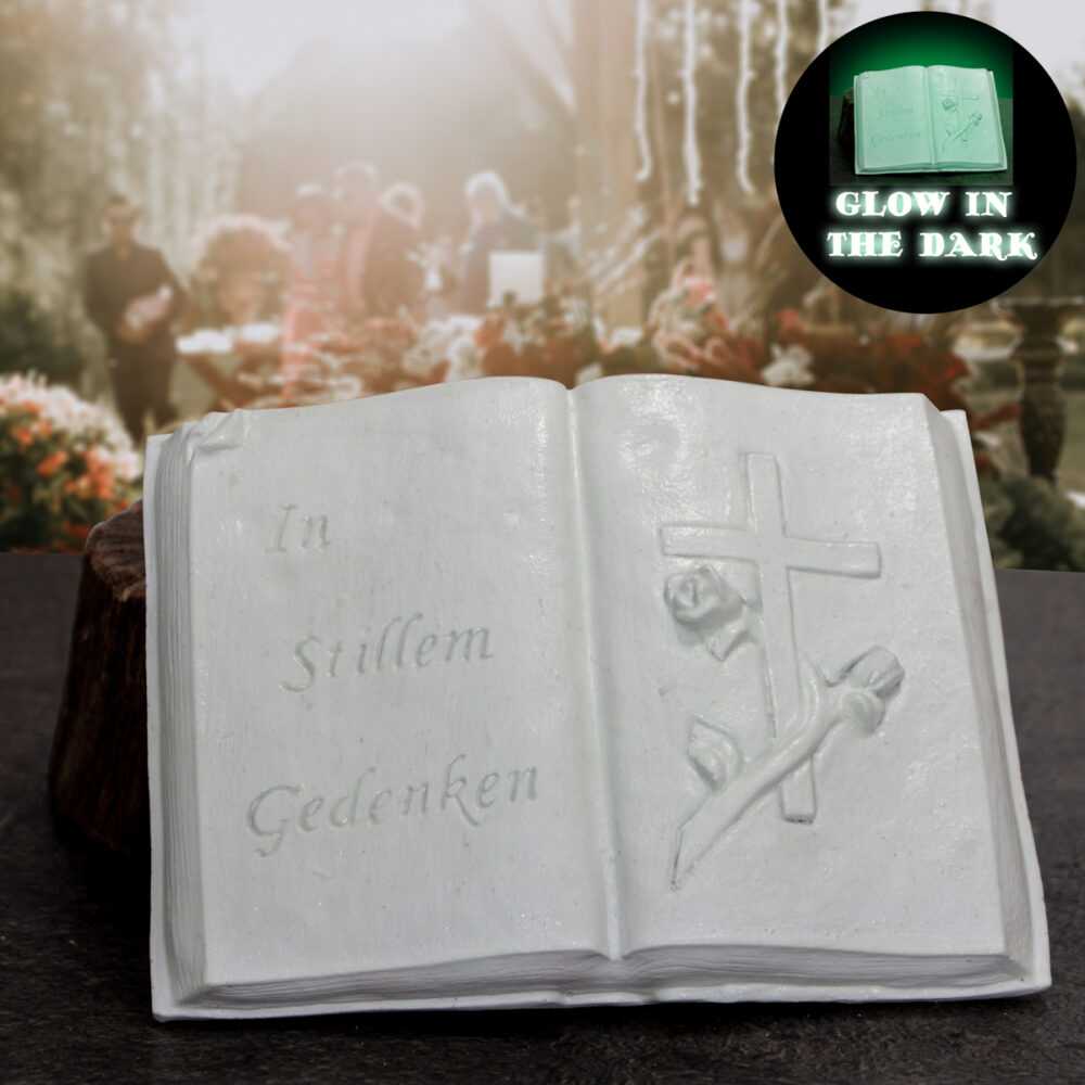 Romantisches Buch mit Kreuz - Glow in the Dark, weiß, Grabschmuck, Steinguss