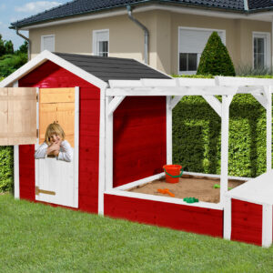 Tabaluga Spielplatz rot/weiss 21 mm bestehend aus Drachenhöhle Sandkasten Pergola und Schatztruhe mit Deckel